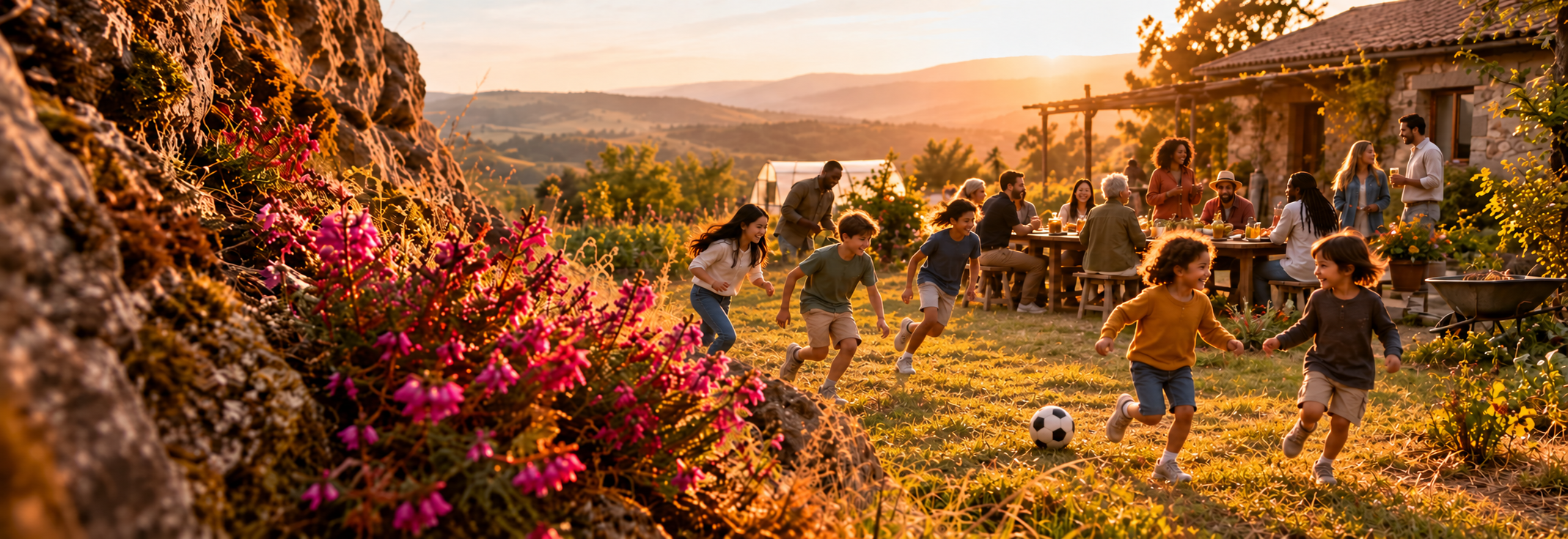 Heather and granite overlooking teens and children playing beside a diverse rural community gathering at sunset